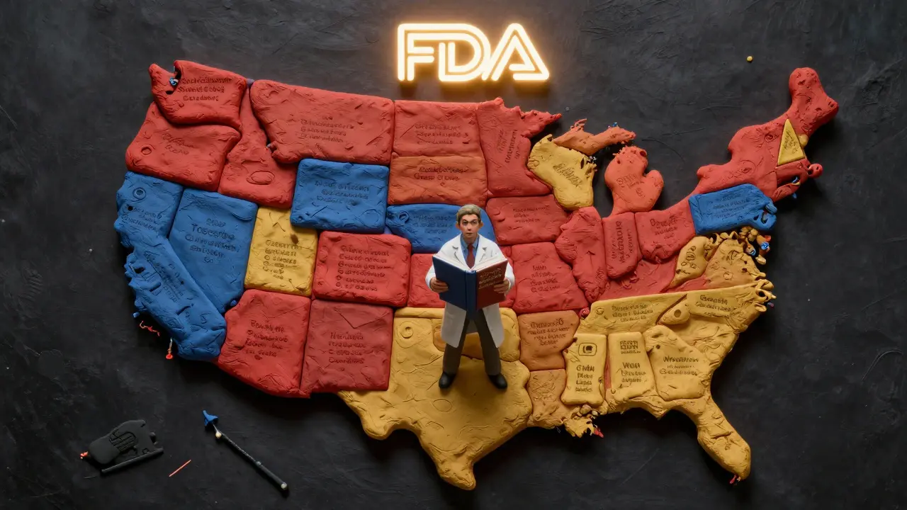 Une carte des États-Unis en argile montrant les lois variées sur la substitution générique.