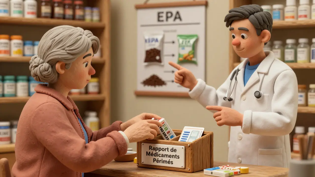 Une femme dépose des médicaments périmés dans une boîte de collecte en pharmacie française.