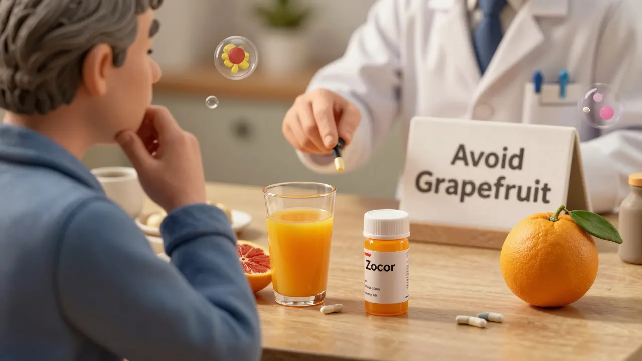 Une personne âgée hésitant entre du jus de pamplemousse et un médicament, un pharmacien lui indique une alternative sûre.