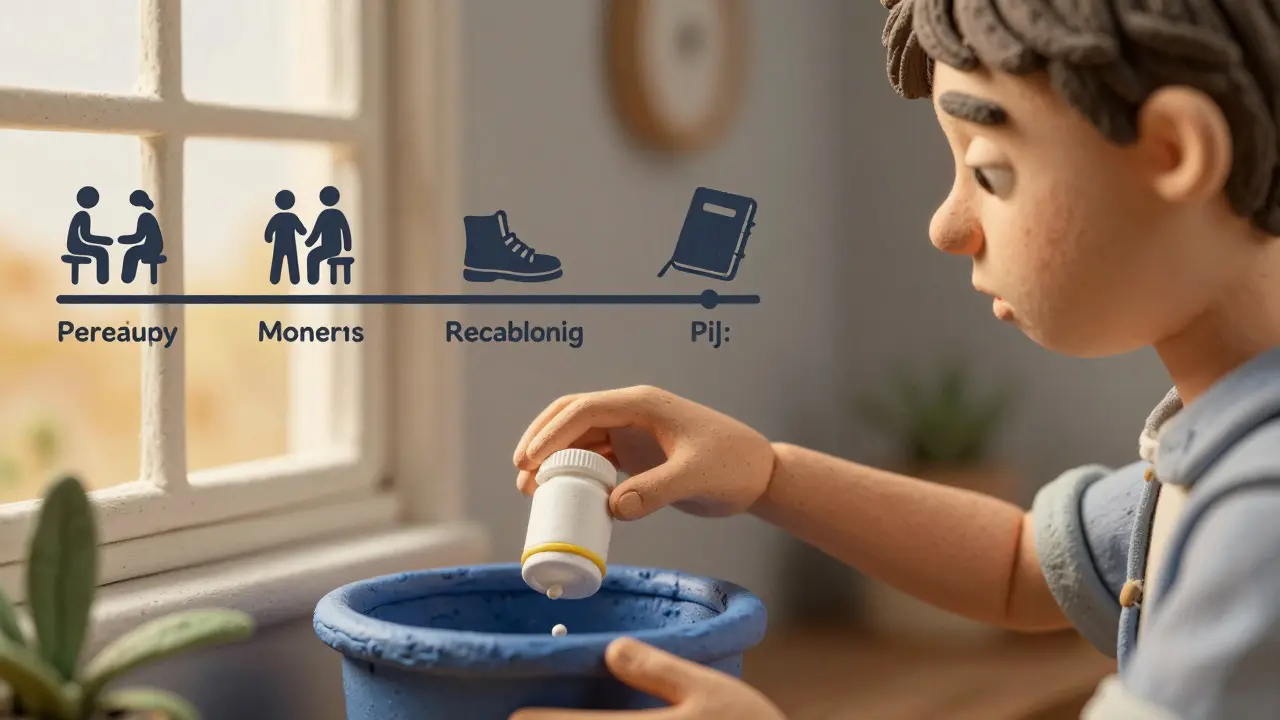 Une personne dépose une ordonnance dans une poubelle de recyclage, entourée de symboles de récupération.