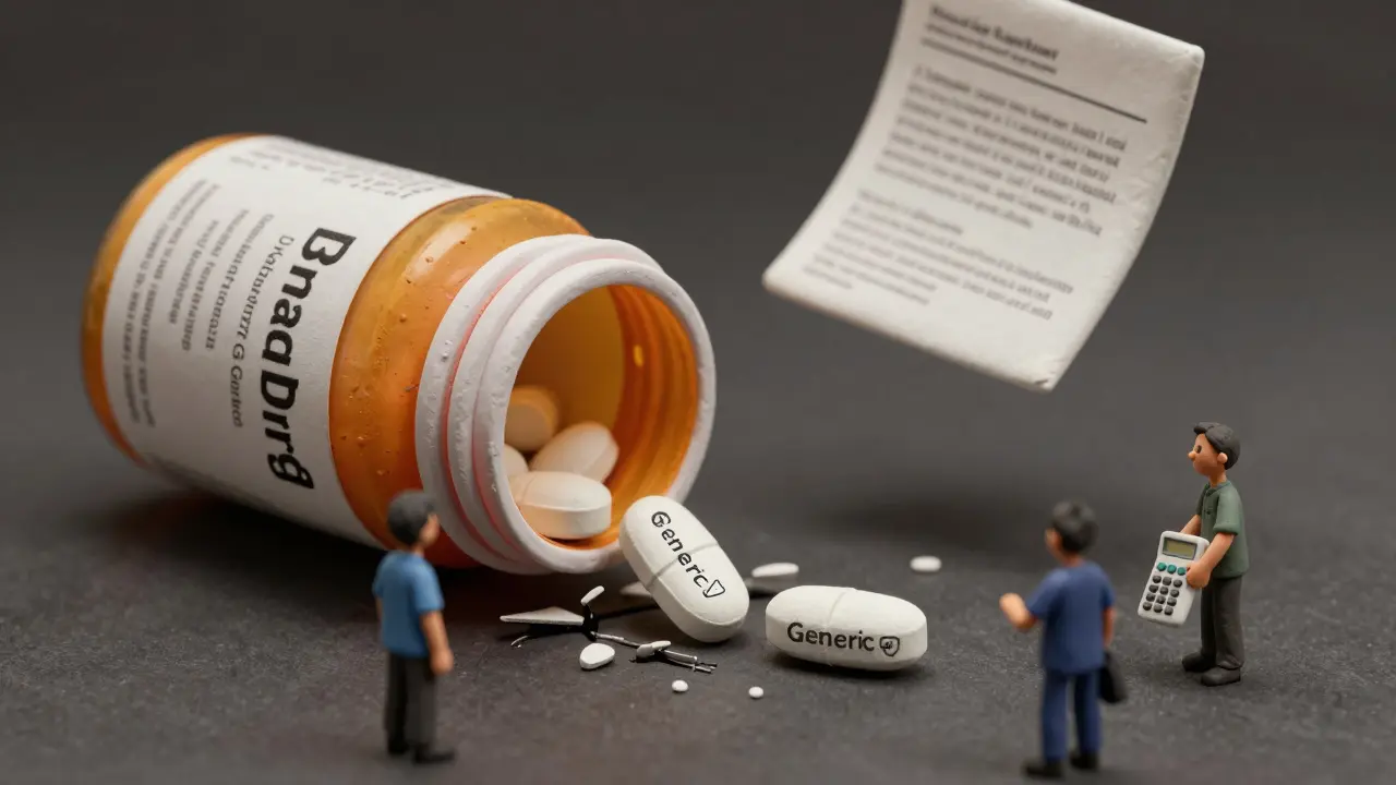 Une pilule de marque qui se divise en deux génériques, l'un protégé, l'autre économique, entouré de patients.