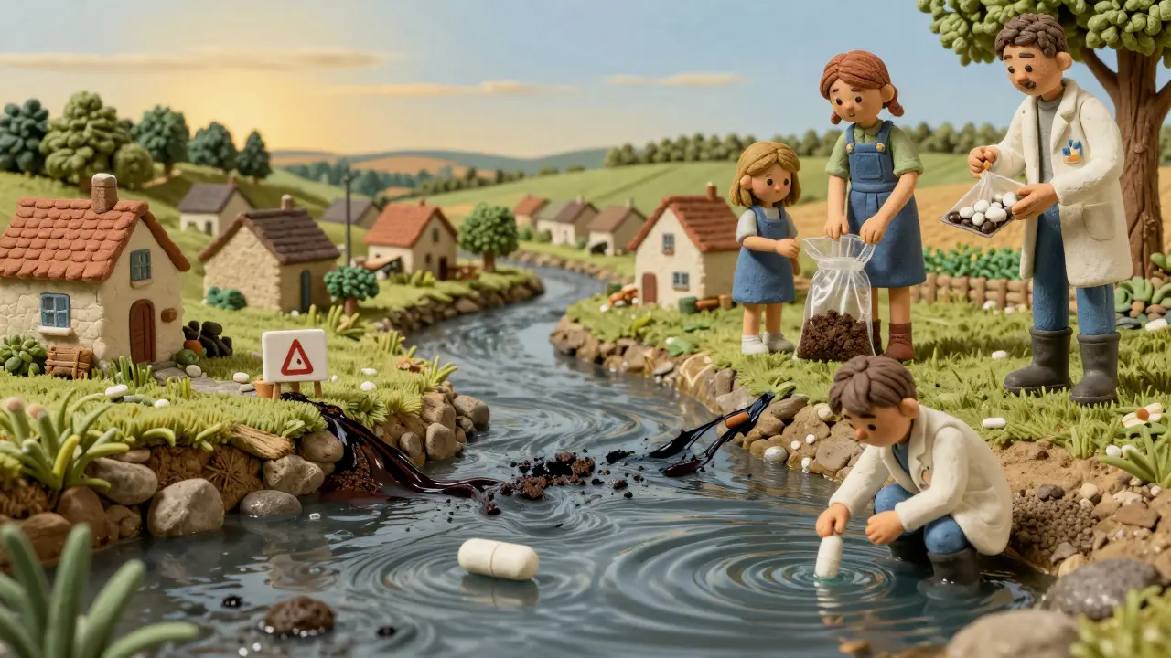 Une rivière polluée par un déchet pharmaceutique, avec une famille qui jette correctement ses médicaments.