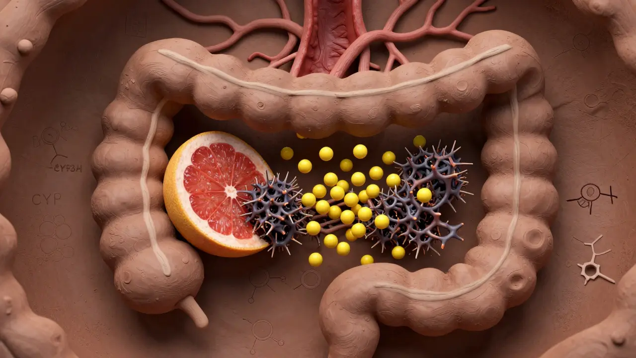 Une section de l'intestin bloquée par des molécules de pamplemousse, avec des particules de médicament qui fuient.