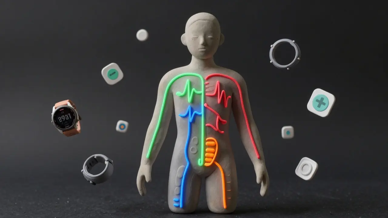 Une silhouette humaine en argile révèle les flux internes de santé : rythme cardiaque, sommeil et activité, perturbés par un traitement.