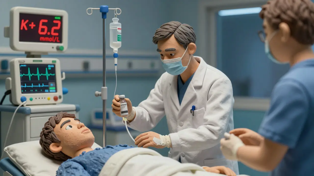 Urgence médicale : un patient reçoit un traitement IV pour une hyperkaliémie aiguë, avec un ECG montrant des ondes T pointues.