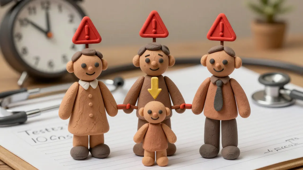 Arbre généalogique en argile montrant le risque héréditaire de cholestérol élevé sur trois générations.