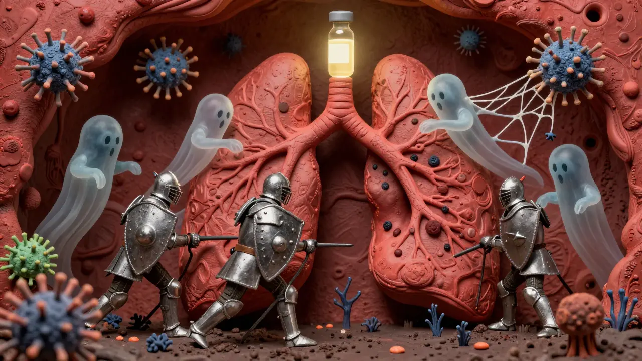 Bataille symbolique dans les poumons entre bactéries, virus et champignons, sous la protection d'un vaccin.