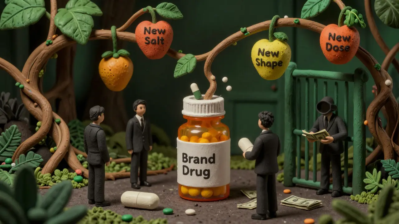 Buisson de brevets secondaires bloquant l'entrée des génériques, symbolisé par des lianes entrelacées sur une pilule.