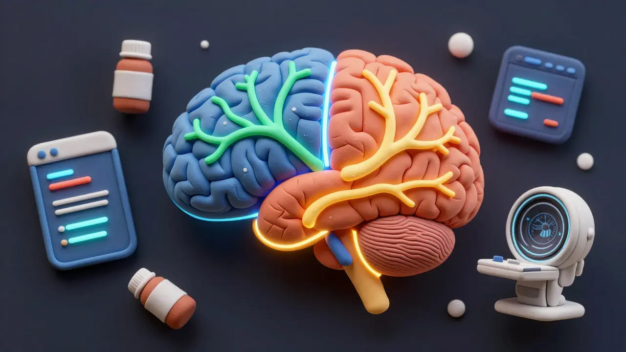 Cerveau divisé en trois types biologiques d'anxiété, avec médicaments et technologies, en style argile.