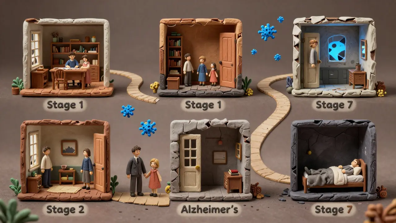 Chemin à travers une maison en ruine illustrant les sept étapes de la maladie d'Alzheimer.