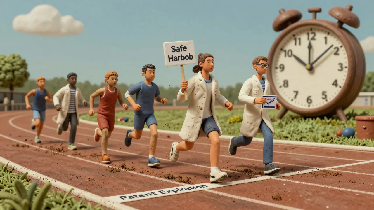 Course de génériques prêts à démarrer après l'expiration d'un brevet, avec une zone protégée pour les tests.