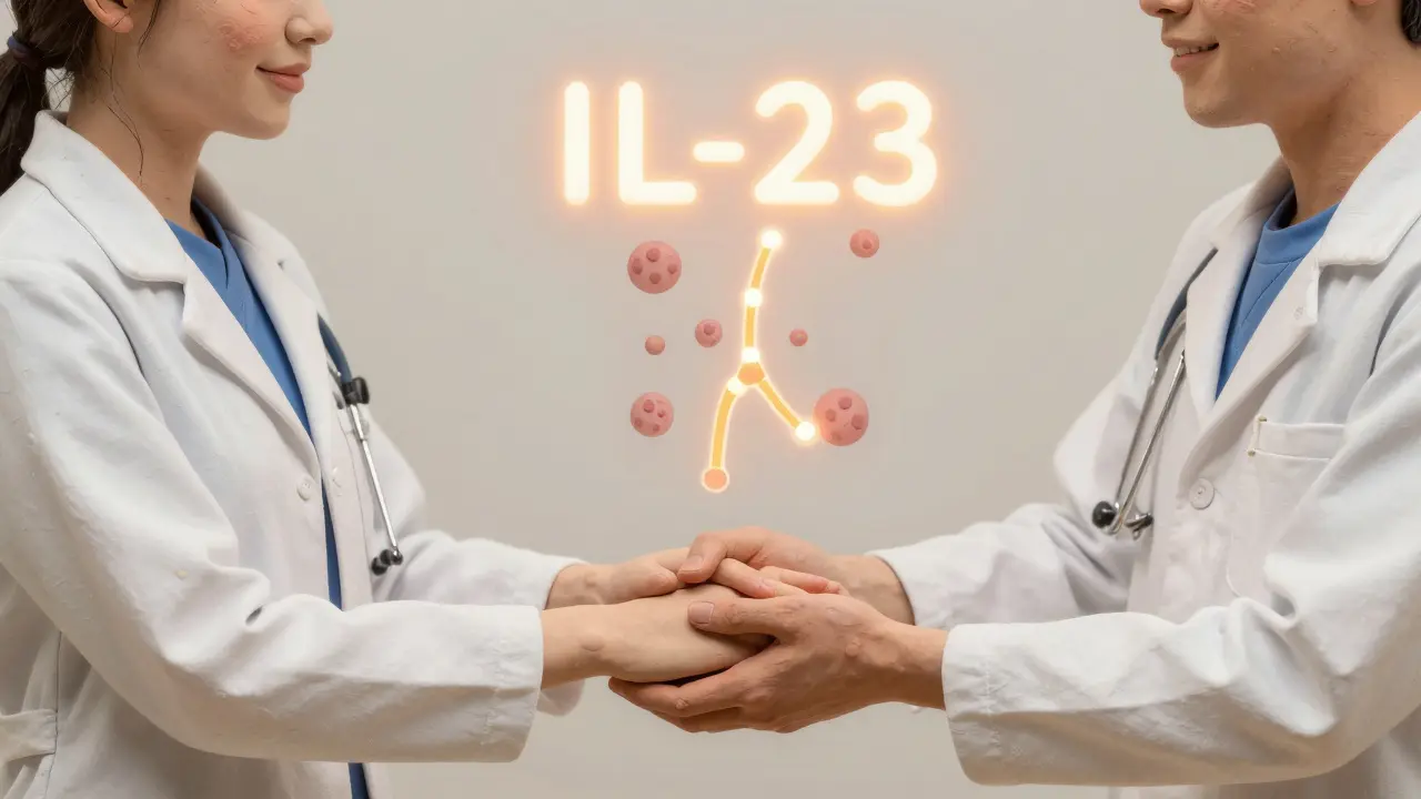 Deux médecins examinant la main d'un patient avec visualisation des inflammations internes.