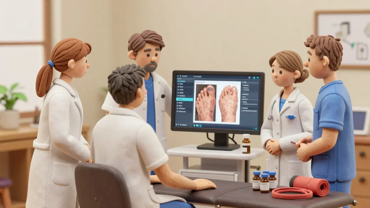 Équipe médicale discutant avec patient, écran d'IA analysant la peau et les ongles, traitements et exercices visibles.