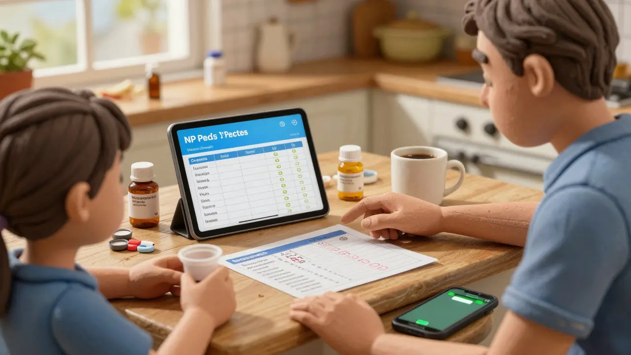 Famille consulte un tableau de posologie par poids sur une tablette en cuisine.