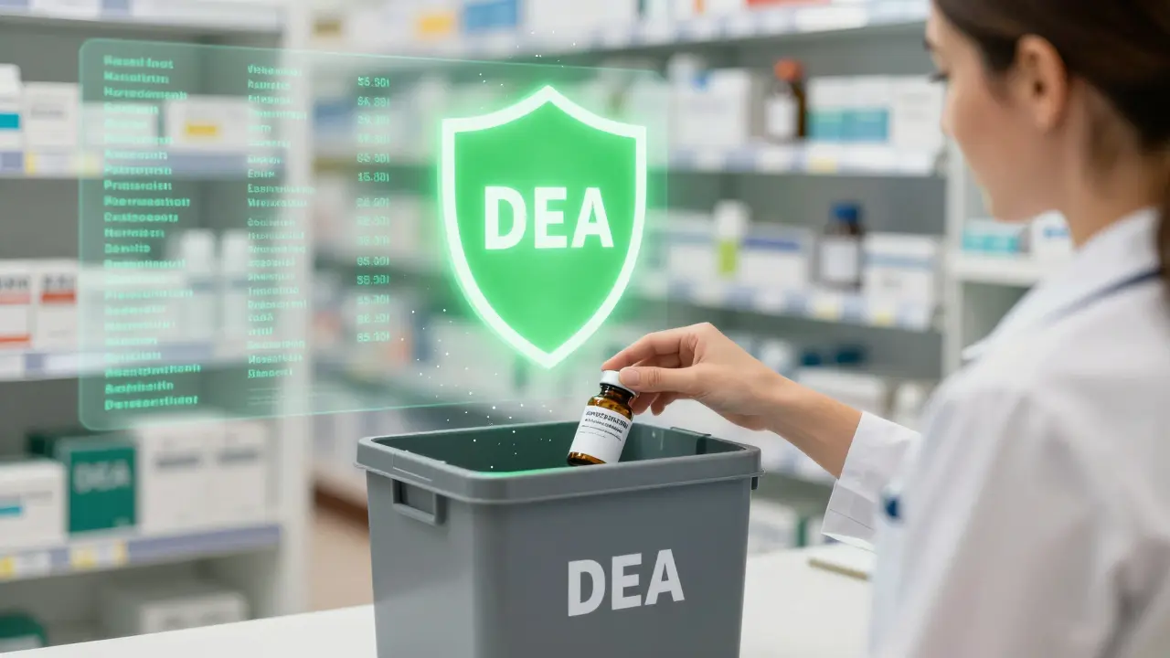 Femme déposant des médicaments dans une boîte de collecte sécurisée en pharmacie.