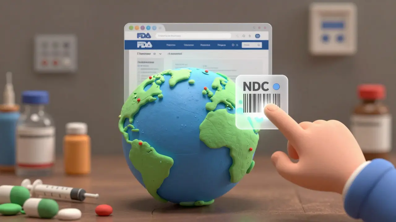 Globe des États-Unis avec des points rouges indiquant les pénuries de médicaments, une interface FDA flotte au-dessus.