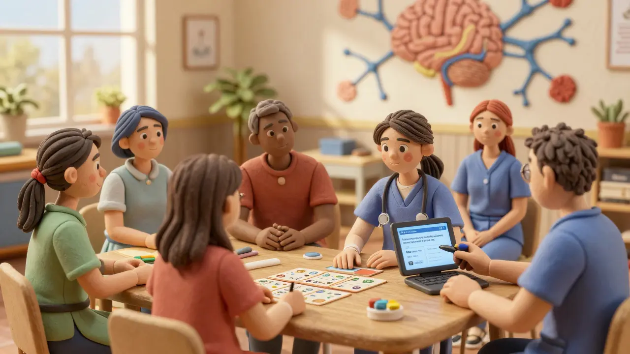 Groupe de patients et aidants en thérapie cognitive dans un centre lumineux.