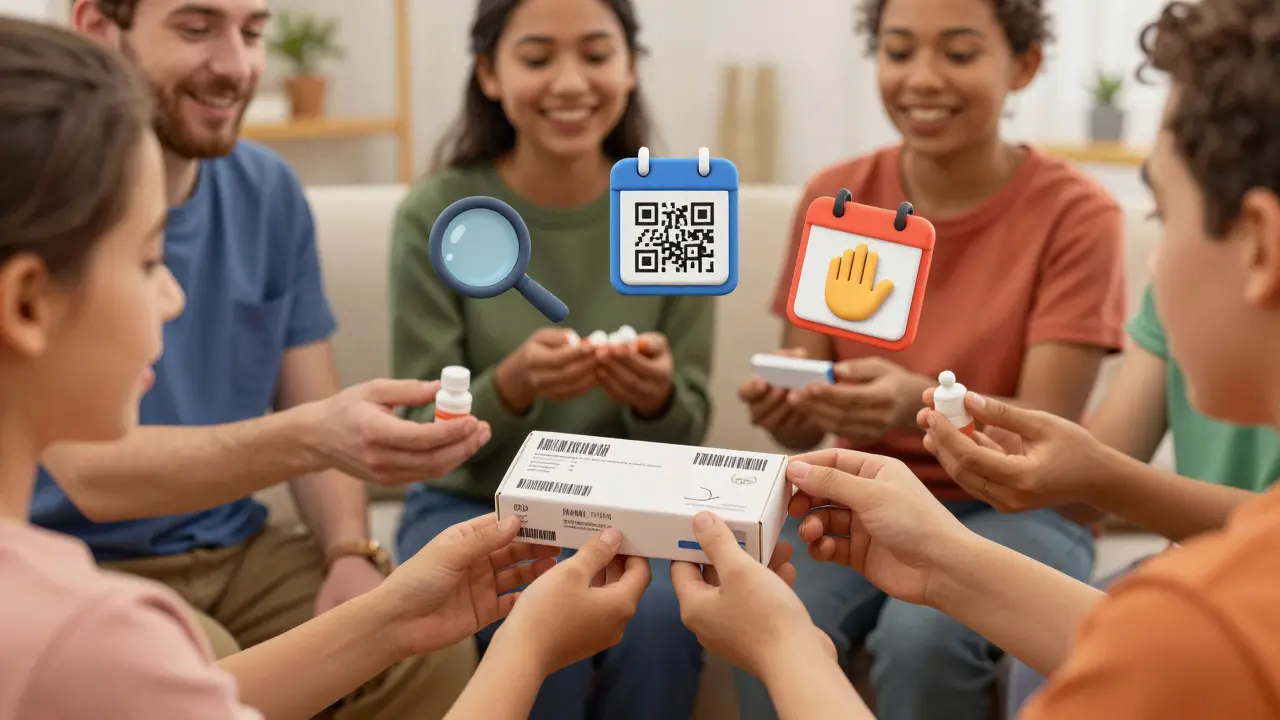 Groupe de personnes vérifiant ensemble une boîte de médicaments, des icônes de vérification flottent autour.