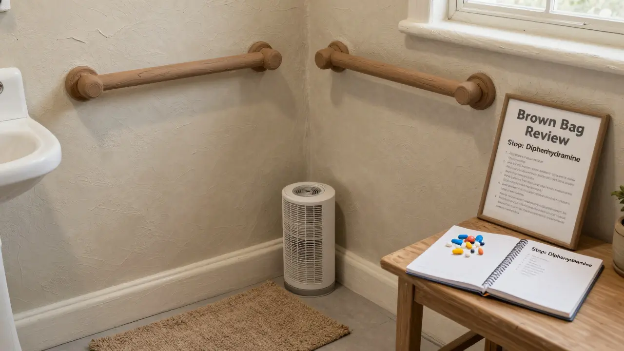 Intérieur d'une maison adaptée pour prévenir les chutes : barres d'appui, filtre HEPA et revue des médicaments sur la table.