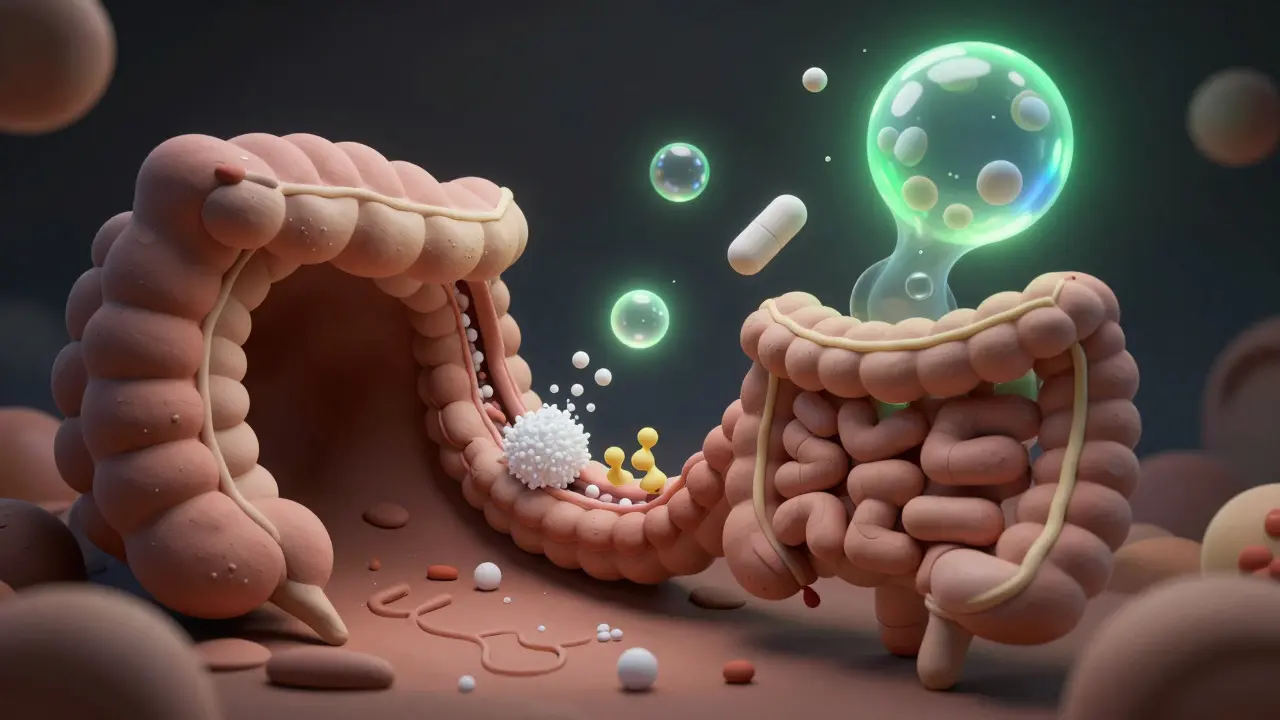 Intestin humain stylisé en argile, avec des enzymes qui décomposent des sucres et du siméthicone qui fusionne des bulles de gaz avant leur expulsion.