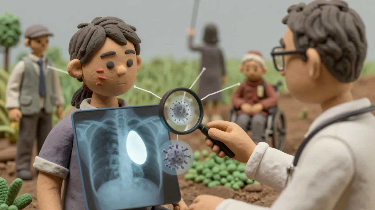 Médecin analysant une radiographie pulmonaire avec trois types d'infection visualisés en argile.