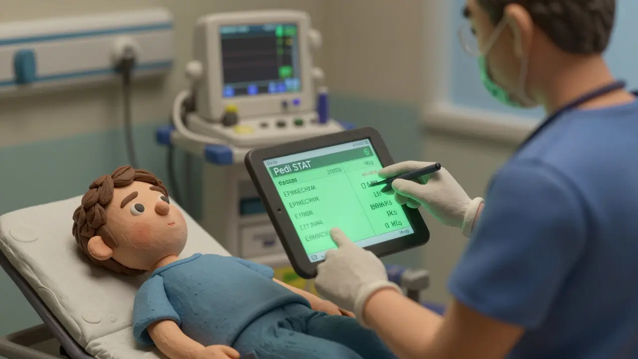 Médecin dans une urgence pédiatrique vérifiant une dose d'épinéphrine sur une tablette.