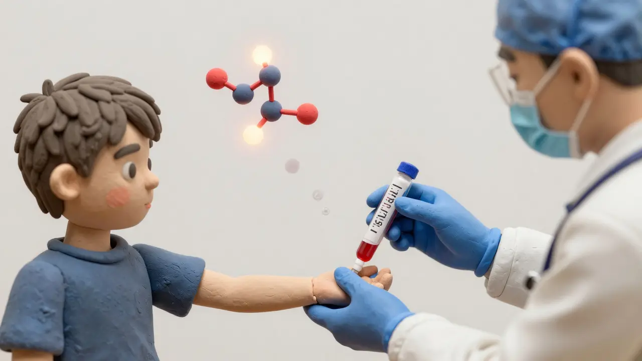 Médecin effectuant un test sanguin avec des éléments visuels des anticorps et du C-peptide.