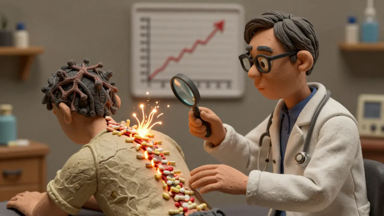 Médecin examinant la colonne vertébrale d'un patient avec une loupe, révélant des récepteurs NMDA en surcharge.