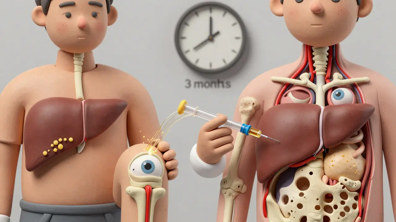 Médecin injecte de la cortisone dans un genou, des particules dorées se répandant dans le sang vers les organes affectés.