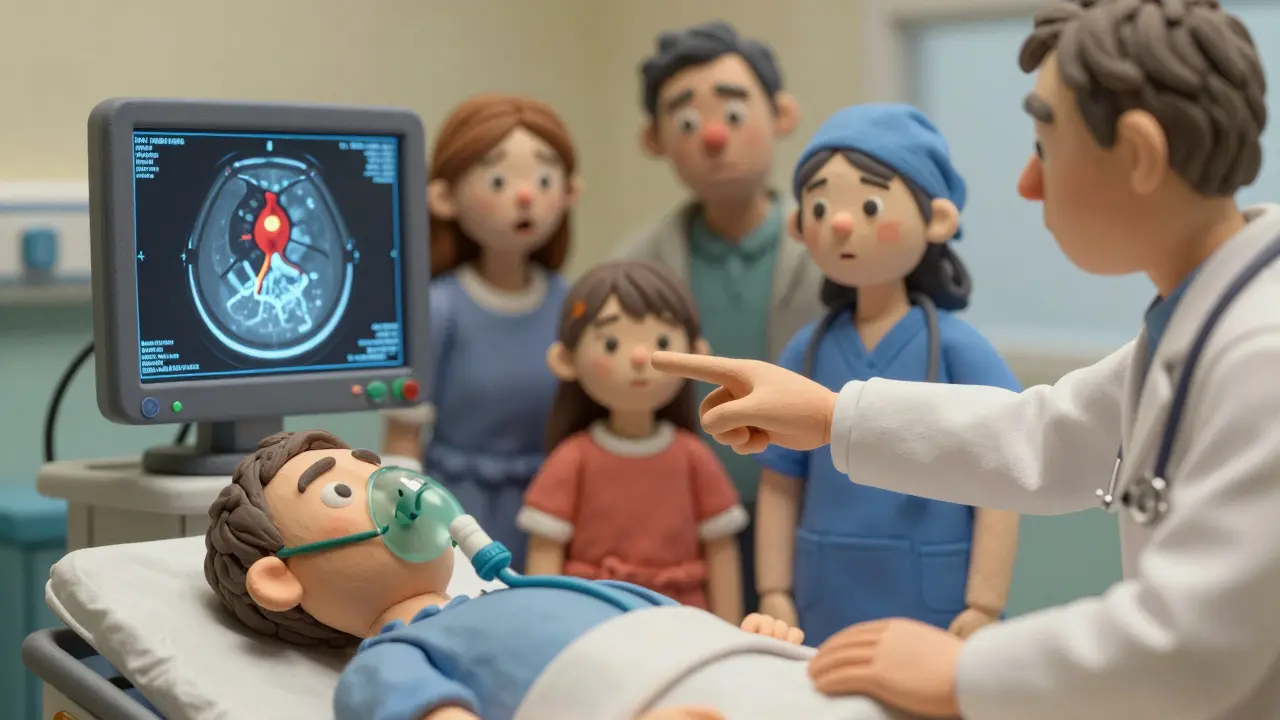 Médecin montrant un scanner pulmonaire révélant un caillot dans une artère, patient en urgence, équipe médicale en arrière-plan.