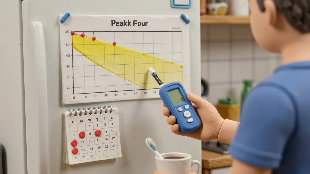 Mesure de débit expiratoire de pointe sur le réfrigérateur, avec un historique visuel des lectures en baisse.