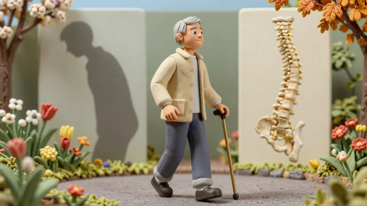 Patient âgé marchant avec confiance après une intervention, posture corrigée, dans un jardin en automne.