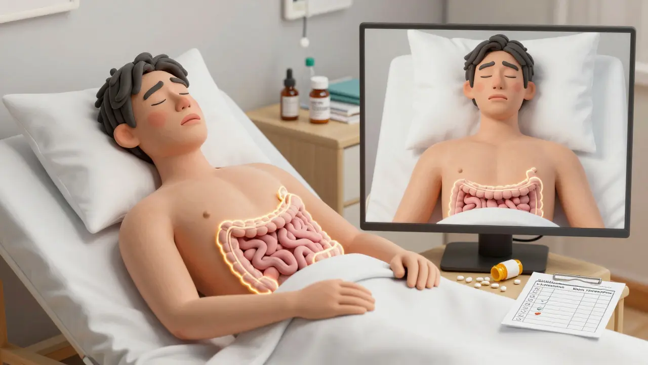 Patient en détresse avec un schéma de son système digestif montrant une absorption perturbée par un générique inadapté.