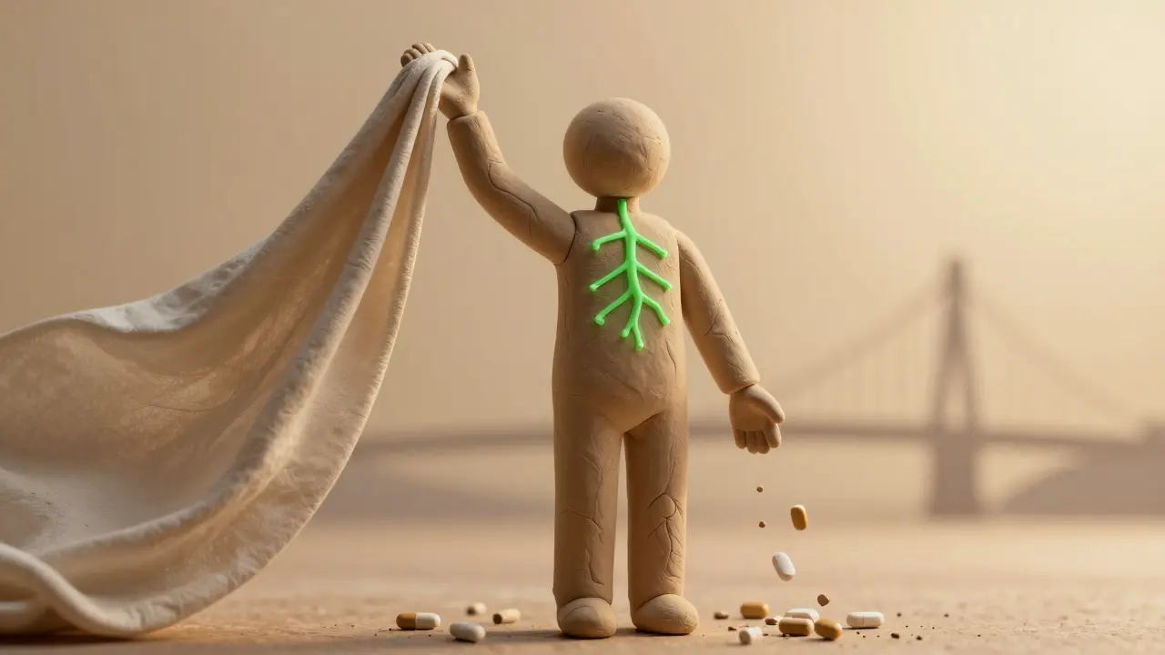 Personne se levant, entourée de pilules qui tombent comme des cendres, tandis qu'une lumière douce apaise ses nerfs.