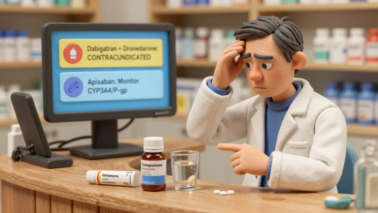 Pharmacien en France avertissant un patient contre une interaction dangereuse entre anticoagulant et médicament.