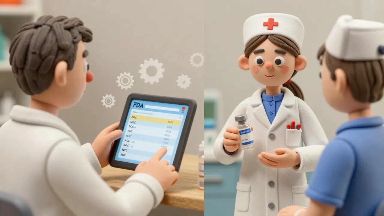 Pharmacien et infirmière échangent un médicament en remplacement, une tablette affiche les données de la FDA.