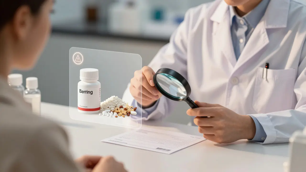 Pharmacien examinant une ordonnance avec une loupe, révélant les ingrédients inactifs cachés d'un médicament générique.