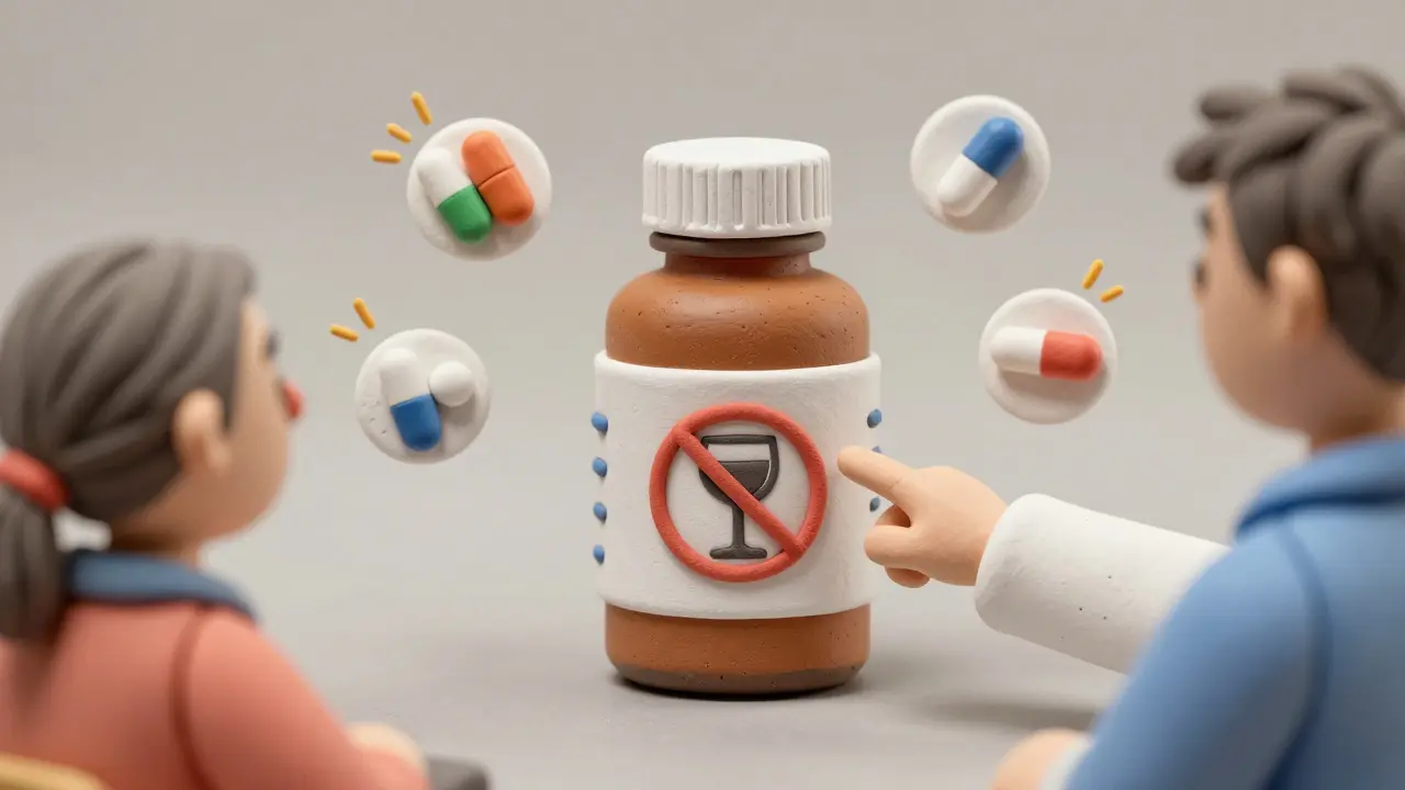 Pharmacien montrant une étiquette d'avertissement avec un verre barré, entouré de médicaments à risque et deux patients attentifs.