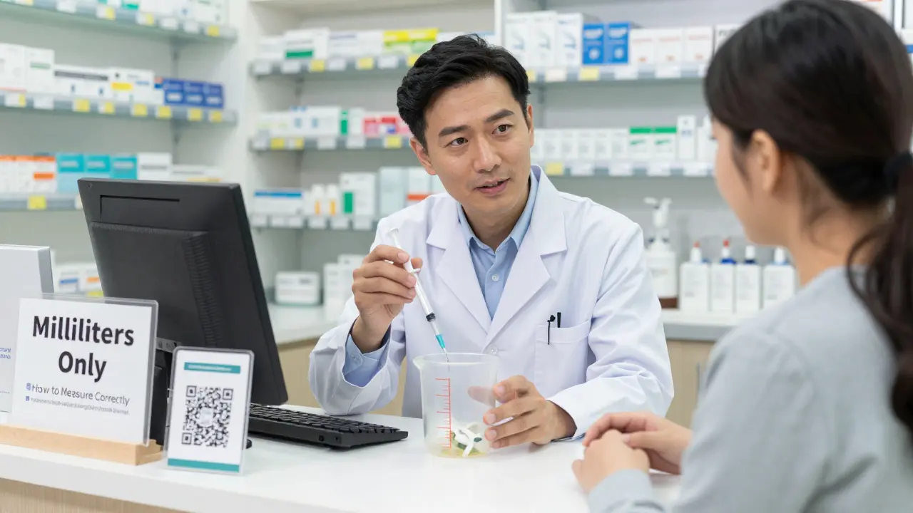 Pharmacien montre à un parent comment utiliser une seringue précise contre un gobelet confus.