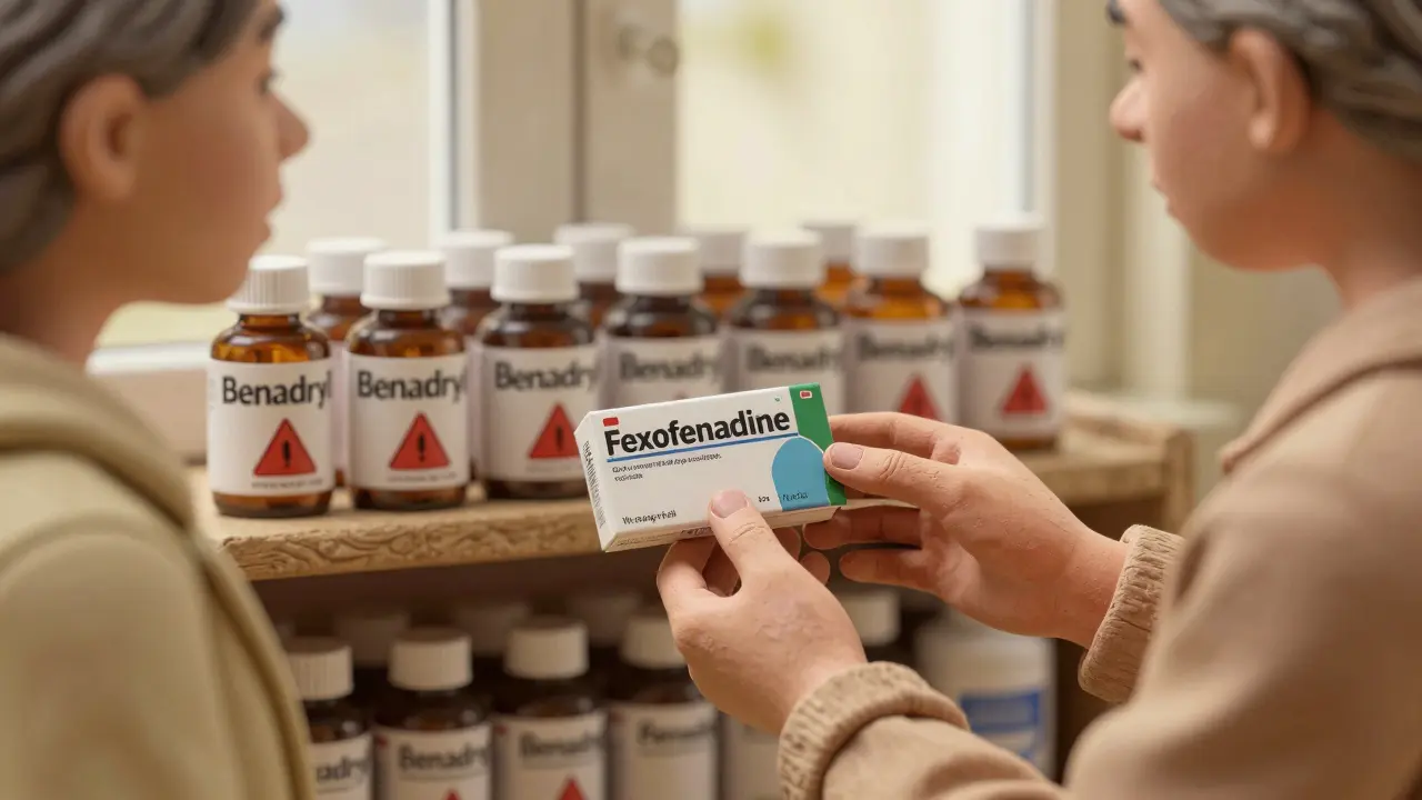 Pharmacien remettant un antihistaminique sûr à un aîné, tandis que les médicaments dangereux disparaissent en arrière-plan.