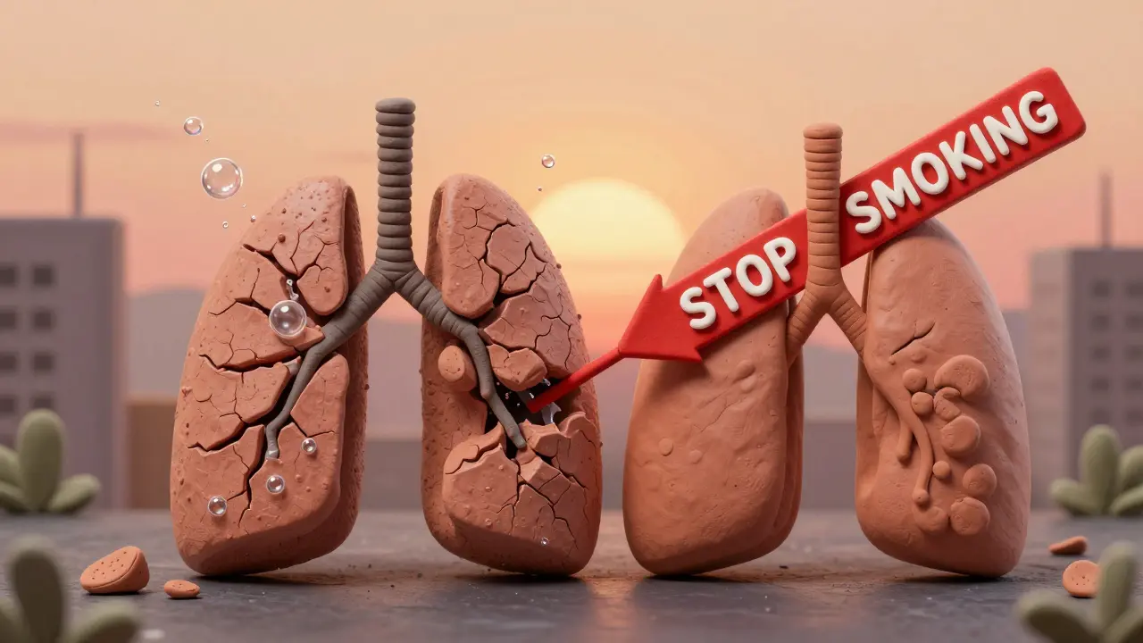 Poumons d'un fumeur comparés à un poumon sain, montrant des bulles cassées et un symbole d'arrêt du tabac.