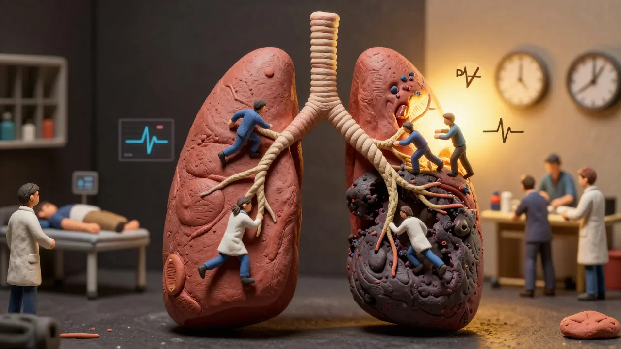 Représentation schématique d'un poumon bloqué par un caillot, avec des figures médicales et un algorithme d'IA en train de réagir.