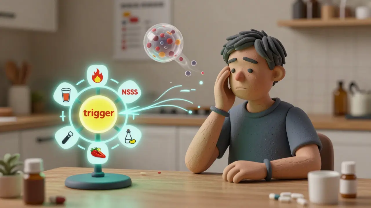 Roue des déclencheurs du MCAS entourant un patient, avec des symboles d'alcool, chaleur et stress.