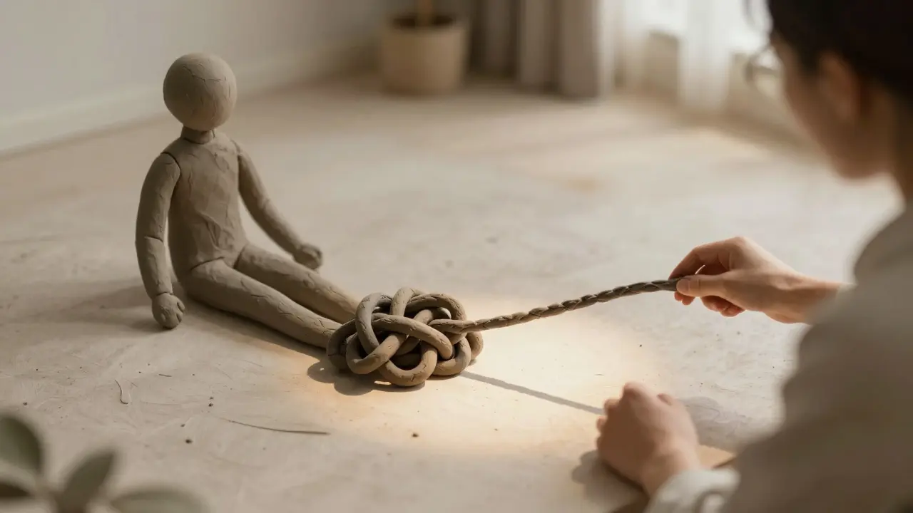 Thérapeute et patient en séance, avec une ombre en forme de nœud dénoué, en style argile.