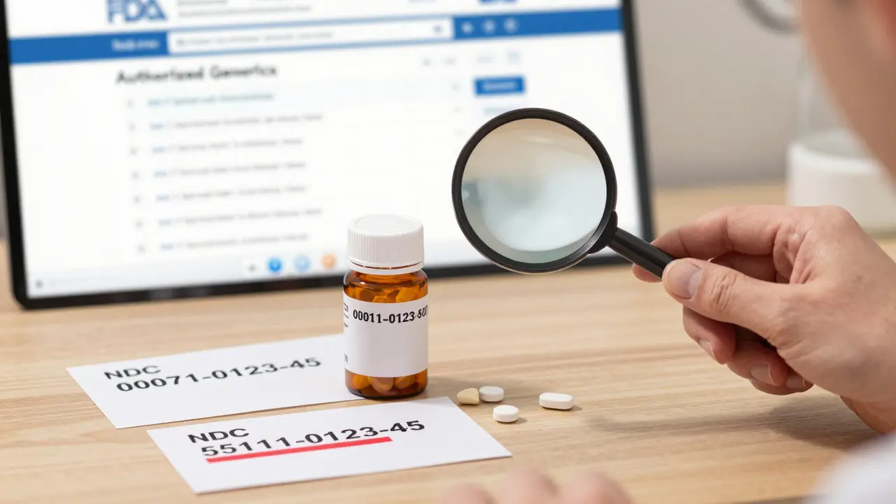 Un pharmacien examine un code NDC avec une loupe, comparant deux codes similaires sur une table.