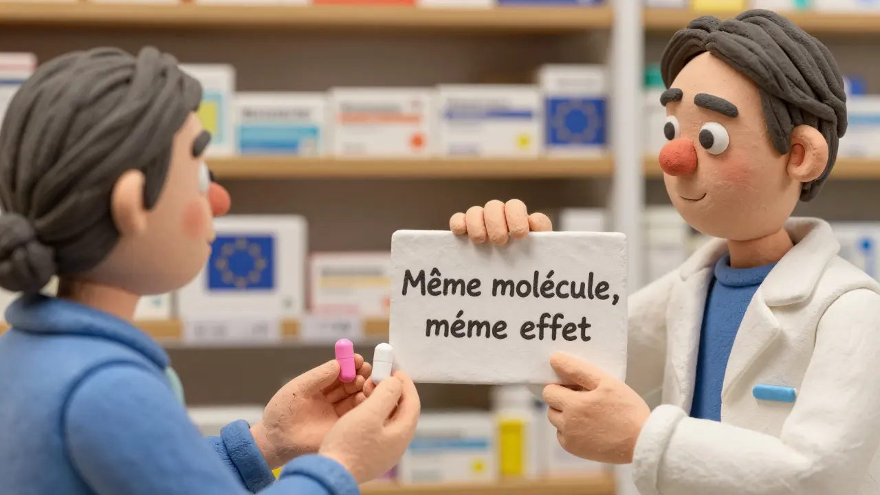 Un pharmacien explique à un patient que deux pilules différentes sont identiques en efficacité.