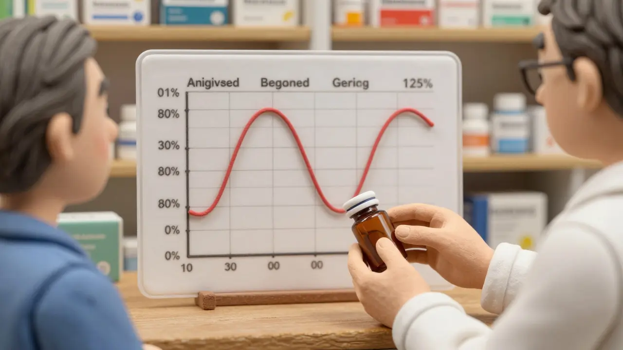 Un pharmacien remet une ordonnance générique à un patient, avec un graphique montrant l'équivalence biologique en arrière-plan.