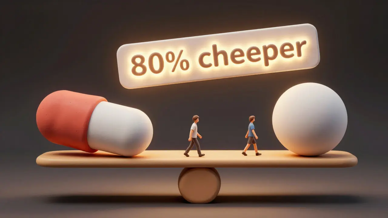 Une balance équilibre un médicament de marque et un générique, symbolisant leur équivalence.