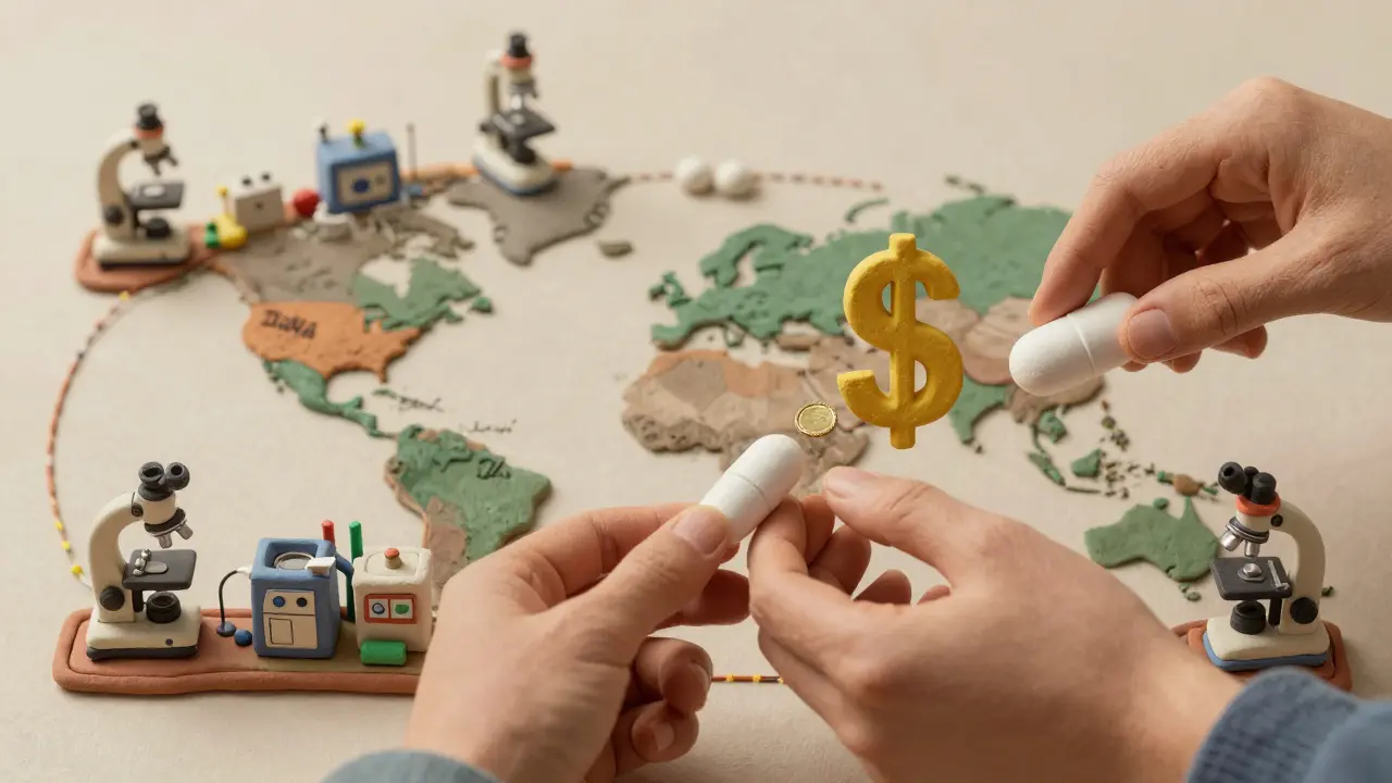 Une chaîne mondiale de fabrication de médicaments génériques, avec des contrôles qualité et une pilule au centre.