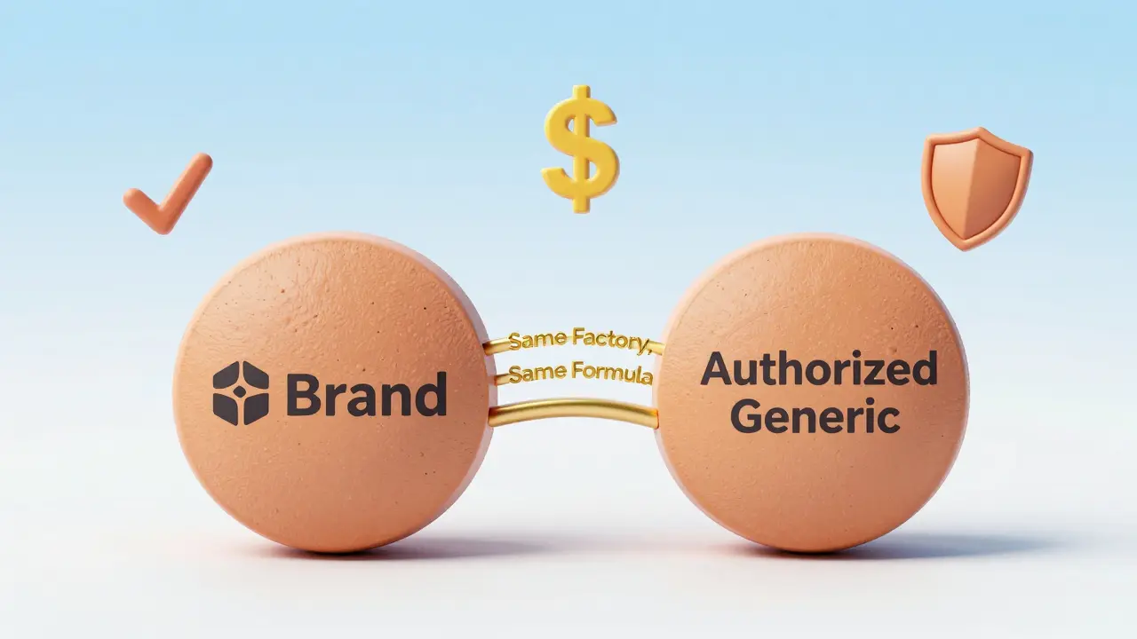 Une pilule divisée en deux moitiés identiques, reliées par un pont marqué 'Même usine, même formule'.